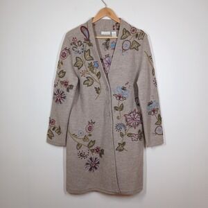 Tweeds Cardigan Womens XL Beige Wool Floral Embroidered Long Button Front